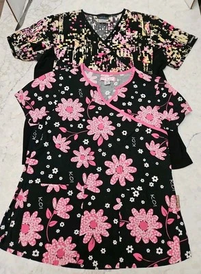 Lot Of 2 Preowned Size Med. Scrub Tops Black Floral Koi, Cherokee Splatter Print - Image 1 of 4