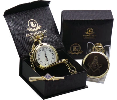 MASONIC Gold Personalised POCKET WATCH Chain and Tie Clip Set Gift FREEMASON - Image 1 of 4