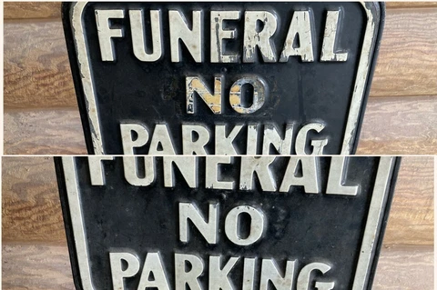 Vintage Funeral No Parking Sign Cast Iron 39" Double Sided Advertisement Metal Cover
