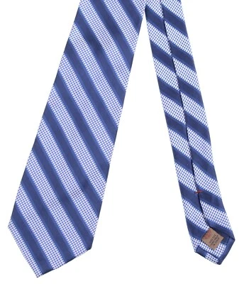Luciano Barbera 皇家蓝色和白色十字绣条纹 100% 缎面丝绸领带 — 第 1/4 张图片