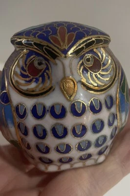 Figurine hibou bleu en émaux cloisonné statuette chouette en laiton vintage Déco - Photo 1/4