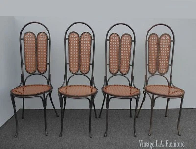 Set of Four Mid Century Modern Black Wrought Iron Chairs w Fiberglass Cane  - Image 1 of 4