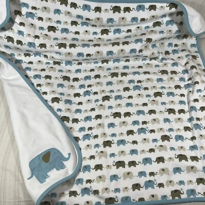HTF 2009 Gymboree Elephant White Baby BLANKET w/ Blue Grey Elephants Peanuts L1 - Image 1 of 4