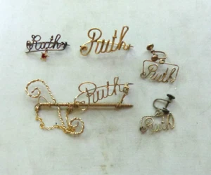 Vintage Lot Handmade Gold Wire RUTH Name Pin Brooch Jewelry Unusual Scimitar - Picture 1 of 4