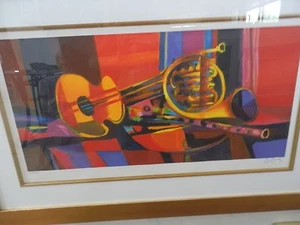 MOULY "GUITAR AND HORN IN HARMONY" 2004 H/S 13 3/8X28" UN FRAMED - Picture 1 of 7