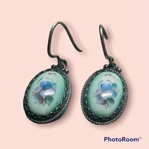 Russian Enamel Blue Roses Large Oval Danngle Earrings Sterling Silver - Picture 1 of 5