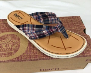 NIB BORN Womens Tide Plaid Flip Flop Flat Sandal US 9/EUR 40.5 Navy Multi Fabric - Picture 1 of 17