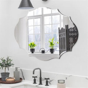 Scalloped Edged Oval Wall Mirror Frameless Wide Beveled Statement Accent Decor - Picture 1 of 16