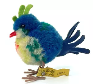 Steiff Woolen Exotic Bird Blue 1956 ID Button Tag Wool Pom Poms 9cm 3.5in Vtg - Picture 1 of 8