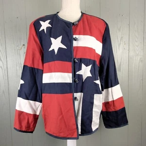 Vintage patriotische Flachs Baumwolle USA Flagge Jacke Damen L Patchwork Relaxed Fit ART - Bild 1 von 12