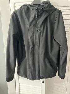 Pull and Bear hooded soft shell jacket mens Black size L large 3 zip pockets - Picture 1 of 3