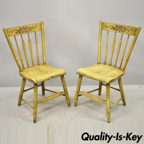 Frederick Loeser & Co Yellow Primitive Hitchcock Style Side Chairs - Pair (B) Cover