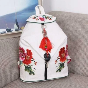 Chinese Style Casual Flowers Embroidery Canvas Backpacks Womens Travel Hobo Bag - Picture 1 of 16