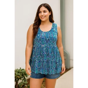 Catherines 0X 14/16W Sleeveless Top Blue Green Ikat Print Plus Woman Tank Blouse - Picture 1 of 8