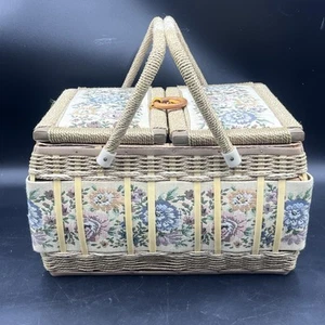 Vintage AZAR Woven Tapestry DOUBLE HANDLED SEWING BASKET - Picture 1 of 9