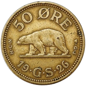 GREENLAND - DENMARK 50 ORE 1926 HCN - POLAR BEAR RARE OLD COIN - Picture 1 of 4