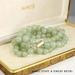 Mings Pale Green Jade 9mm Bead Necklace 35" with Box - Picture 1 of 11