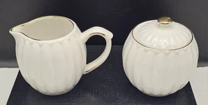 Grace's Teaware Creamer & Lidded Sugar Bowl Set White/Gold Trim Ribbed Porcelain - Picture 1 of 14