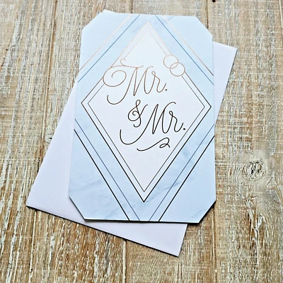 Tarjeta de boda American Greetings 6x8 Mr. & Mr. azul mármol borde dorado LGBT Foto 1 de 4