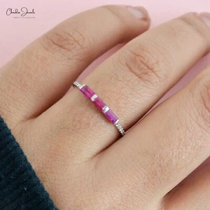 0.24 CT Baguette Cut Ruby & Diamond Wedding Ring 14k White Gold Three Stone Band - Picture 1 of 11