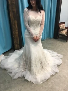 NEW Alfred Angelo Long Sleeve 951 Sapphire Wedding Dress, Ivory Size 4, Mermaid - Picture 1 of 12