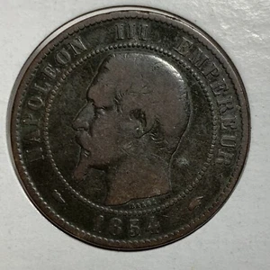 France Napoleon III Bronze 1854 A 10 Dix Centimes Coin - Picture 1 of 10