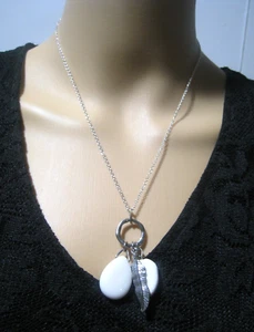 Upcycled White Beads with Metal Feather Pendant on Silver-Plated Necklace - Picture 1 of 5