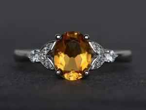 925 Sterling Silver Citrine Women Ring Oval Natural Gemstone Dainty Ring - Picture 1 of 4