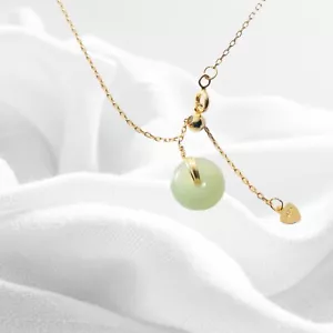 REAL JADE 14kt Gold Disc Pendant Silver Necklace Donut Shaped Green - Picture 1 of 8