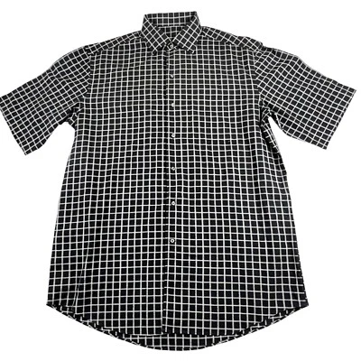 Zanella Mens XLT Short Sleeve Button Shirt Black White Mini Window Pane Italy - Image 1 of 4