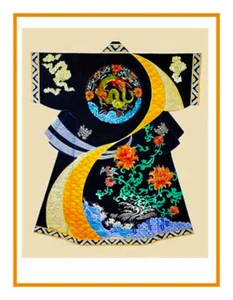 Japanese Black Gold Dragon Oriental Floral Kimono Counted Cross Stitch Pattern - Picture 1 of 10