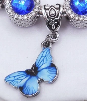 ROYAL BLUE ENAMEL BUTTERFLY SILVER BAIL EUROPEAN BRACELET CHARM BEAD & POUCH! - Image 1 of 3