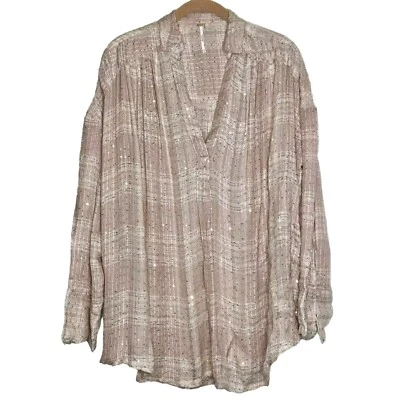 Camisa tejida a cuadros Free People Fearless Love beige/rosa lentejuelas XSmall para mujer Foto 1 de 4