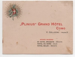 Tarjeta publicitaria en relieve de 1920 Plinius Grand Hotel Como Italia - Imagen 1 de 2
