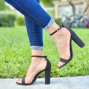 Black Suede Ankle Strap Block Heel Dress Sandals - Picture 1 of 6