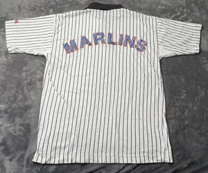 Vintage Florida Marlins Polo Shirt Nutmeg Mills Men's Large White Pin Stripes - Picture 1 of 13