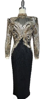 Vestido VINTAGE-SHO MAX ORIGINALS Completamente Lentejuelas Negro, Dorado y Plateado 💯 Seda Talla M👑� Foto 1 de 4