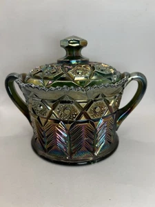 Vintage Cambridge Carnival Glass Green Cracker Jar with Lid "Inverted Feather" - Picture 1 of 23