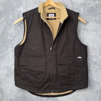 Chaleco Lee Para Hombre Talla Grande Imitación Sherpa Forrado Marrón Oscuro Lona Cremallera Completa Ropa de Trabajo Foto 1 de 4