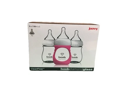 Joovy CleanFlow Boob Diamond Glass Baby Bottles 5oz With Pink Sleeve - Image 1 of 4