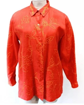 Camisa túnica Josephine Chaus feminina 100% linho bordada manga longa em excelente estado usado tamanho 14 - Imagem 1 de 4