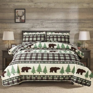 Cabin Bear Quilts Set Full/Queen Size, Lightweight Plaid Bedspread Coverlet R... - Picture 1 of 7