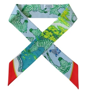 HERMES Twilly Silk 100% Scarf Les Zebres Cleaned - Picture 1 of 12