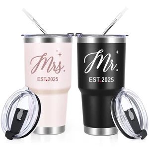 Mr & Mrs EST 2025 Tumbler Set - 30oz Black & Snow Mountain Rose Stainless Ste... - Picture 1 of 7