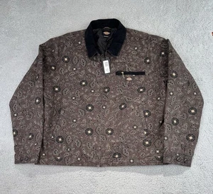 DICKIES Ellis Floral Print Duck Brown Canvas Mens XL Jacket Corduroy Collar - Picture 1 of 16