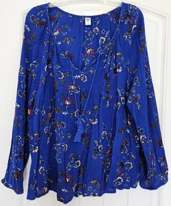 Old Navy Blue Floral Top Women’s XL Tassel V-Neck Blouse - Picture 1 of 2