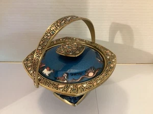 Israel Enameled Brass Pedestal Bowl Handle Lid Multicolor Vibrant Vintage - Picture 1 of 13