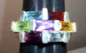 Vintage Multi 7 Gemstone Sterling Silver Ring Size 8.25. Beautiful Ring. - Picture 1 of 12