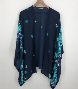 Catherines Floral Kimono Cardigan Women One Size Navy Open Front Lightweight - Picture 1 of 7