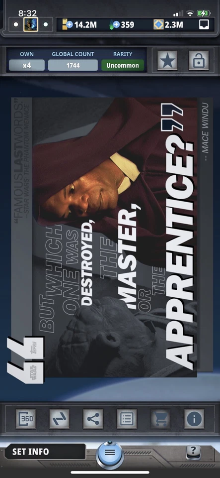 Topps Star Wars Digital Card Trader Gray TPM Famous Last Words Mace Windu Award - Image 1 of 1